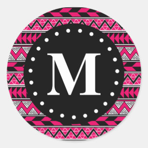 Hot Pink Tribal Chevron Pattern Monogram Classic Round Sticker