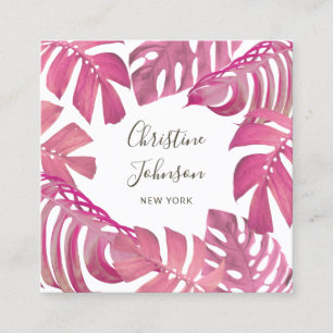 hot pink tropical leaves square business card