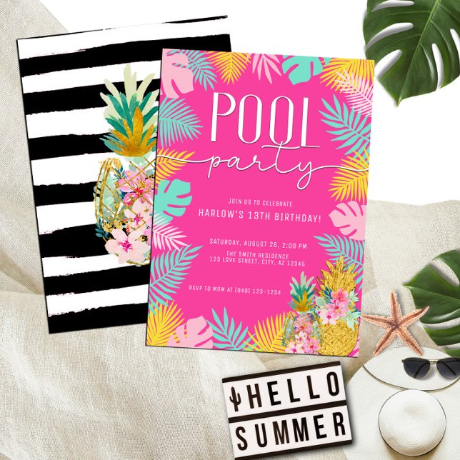Hot Pink Tropical Luau Pool Party Birthday Invitation (Creator Uploaded)
