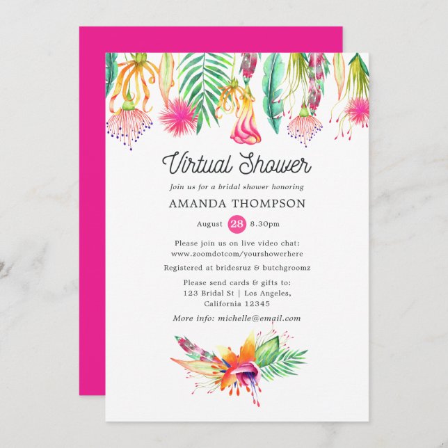 Hot-Pink Tropical Summer Virtual Bridal Shower Invitation (Front/Back)
