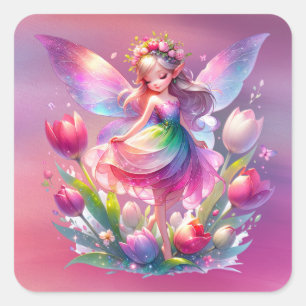 Hot Pink Tulip Fairy Princess Girls Square Sticker