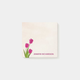 Hot Pink Tulips On Watercolor Personalised Post-it Notes
