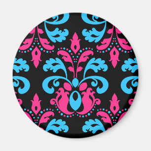 Hot pink turquoise and black damask magnet