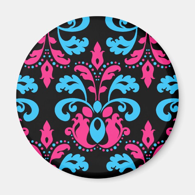 Hot pink turquoise and black damask magnet (Front)