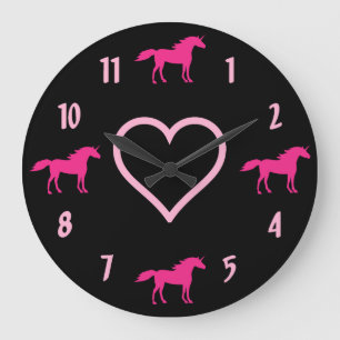 Hot Pink Unicorns and Pink Heart on Black Large Clock