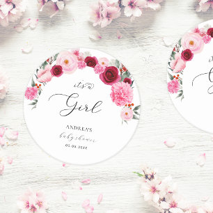 Hot Pink Vibrant Floral It's a Girl Baby Shower Round Paper Coaster