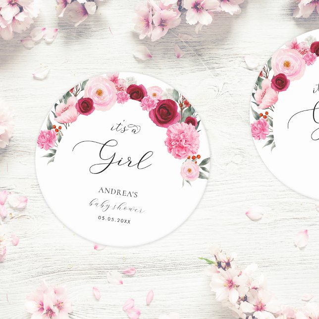 Hot Pink Vibrant Floral It's a Girl Baby Shower Round Paper Coaster (Creator Uploaded)