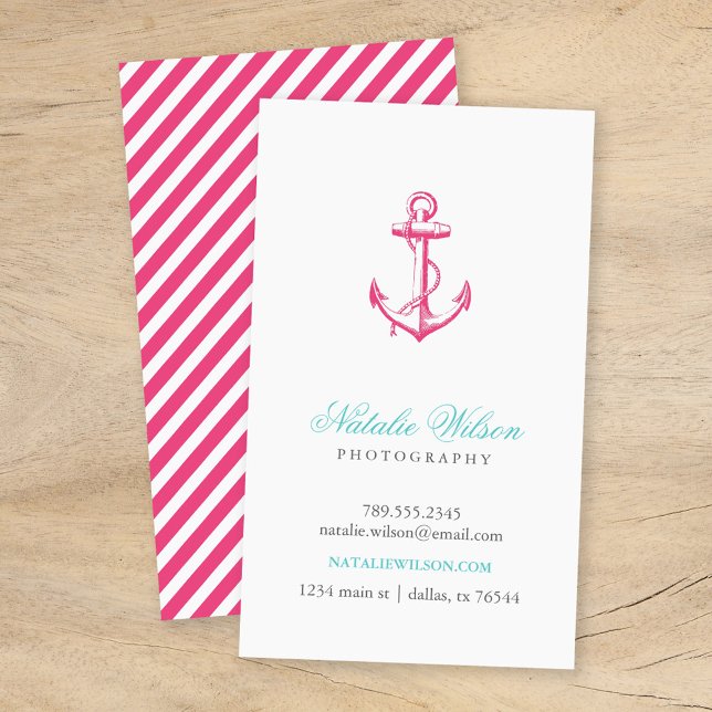 Hot Pink Vintage Anchor Vertical Business Card (Creator Uploaded)