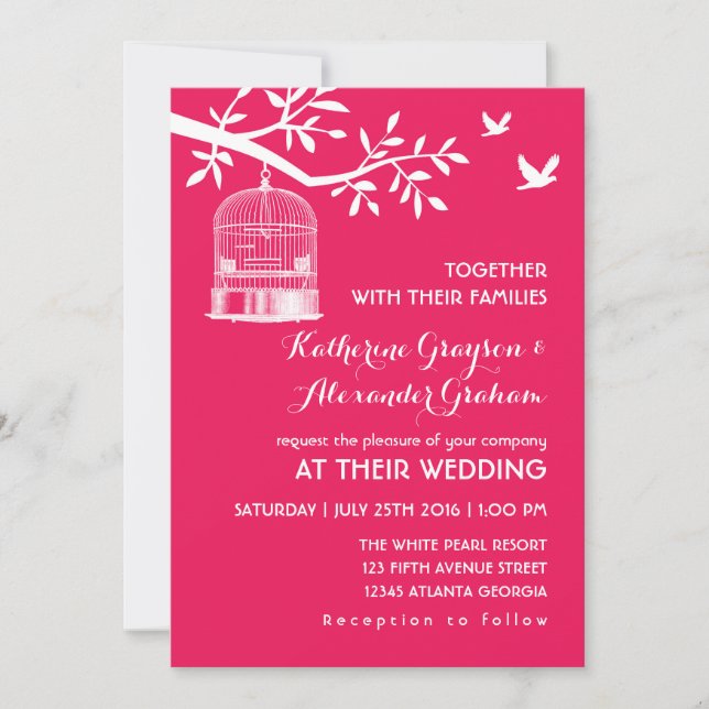 Hot Pink Vintage Bird Cage Wedding Invitation (Front)