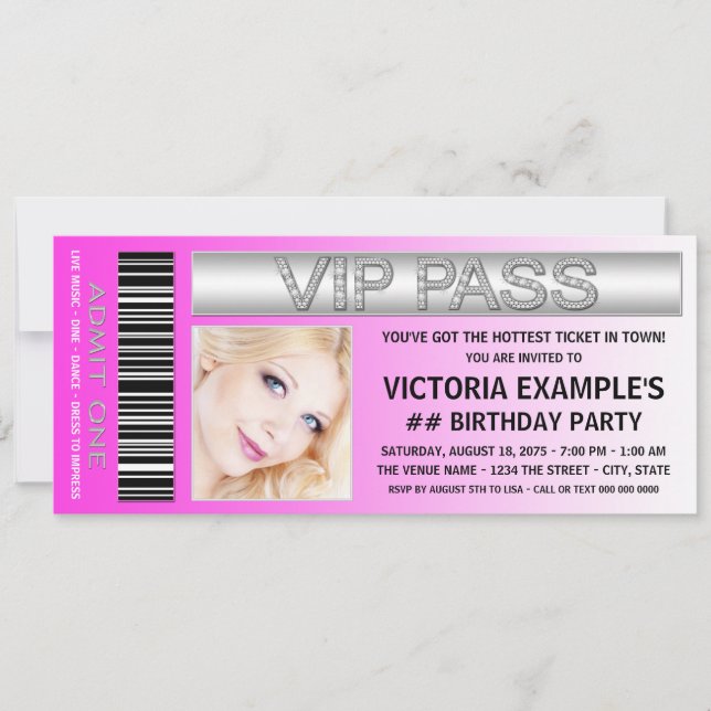 Hot Pink VIP Pass Admission Ticket Birthday Party Invitation (Front)