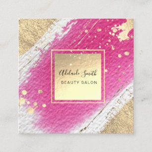 hot pink watercolor faux gold foil details square business card