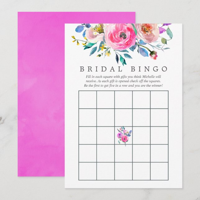 Hot-Pink Watercolor Floral Bridal Shower Bingo Invitation (Front/Back)