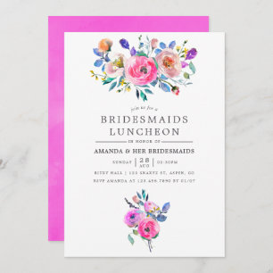 Hot-Pink Watercolor Floral Bridesmaids Luncheon Invitation