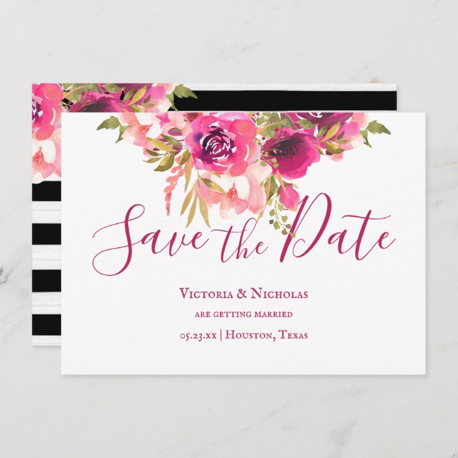 Hot Pink Watercolor Floral Save the Date Invitation (Front/Back)