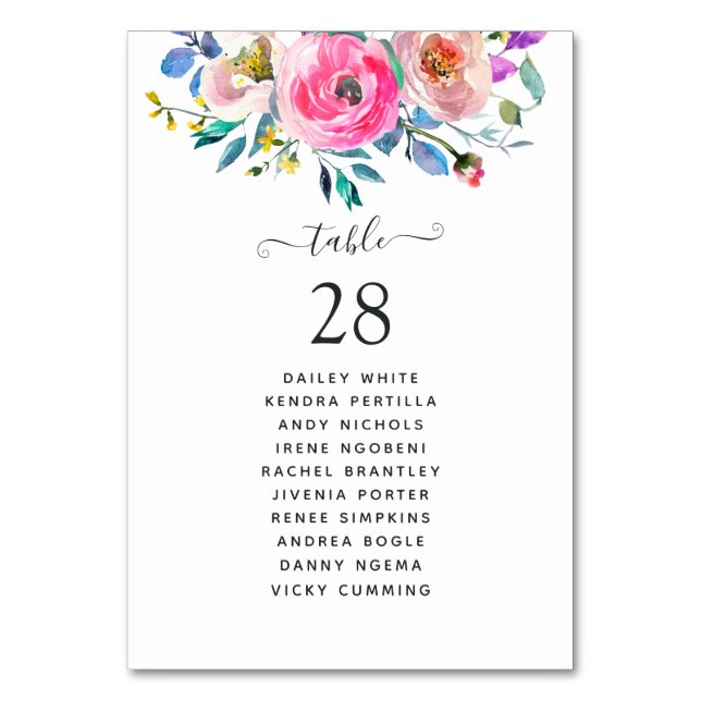 Hot-Pink Watercolor Floral Table Number (Front)