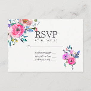Hot-Pink Watercolor Floral Wedding RSVP Card