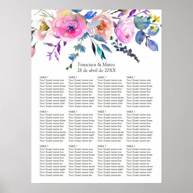 Hot-Pink Watercolor Floral Wedding Seating Chart (Front)