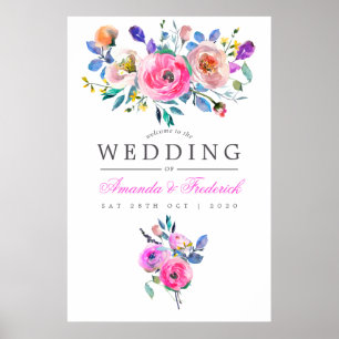 Hot-Pink Watercolor Floral Wedding Welcome Poster