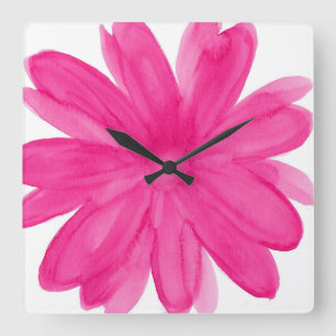 Hot Pink Watercolor Flower Square Wall Clock