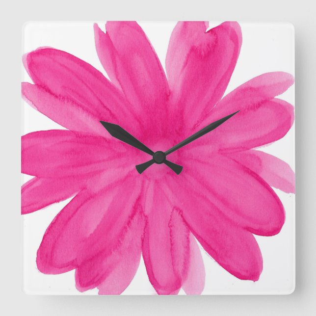 Hot Pink Watercolor Flower Square Wall Clock (Front)