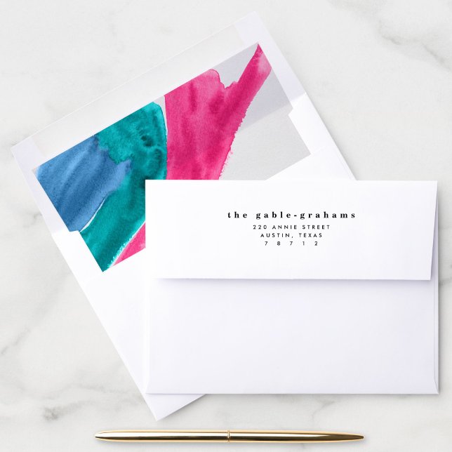 Hot Pink Watercolor Lined Envelope (Bright neon pink and blue watercolor lined return address envelope.)