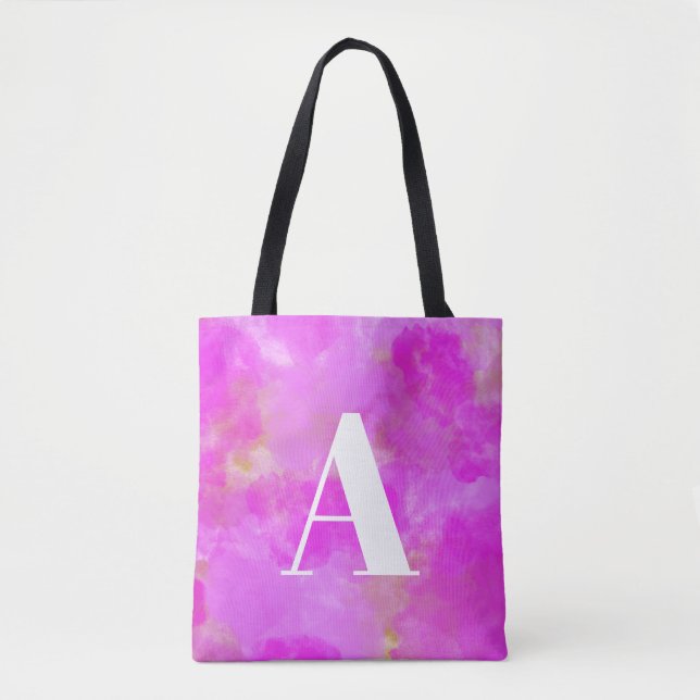 Hot Pink Watercolor Monogram Typography Tote Bag (Front)