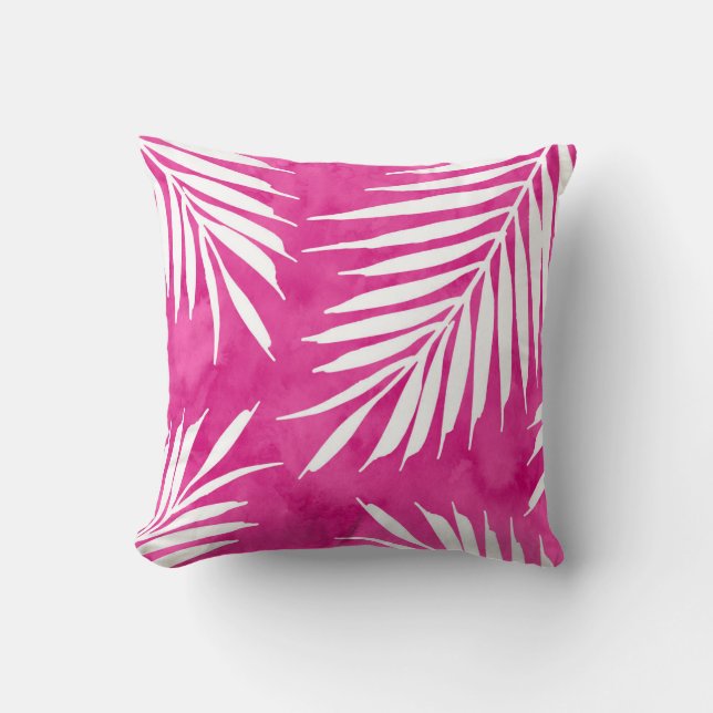 Hot Pink Watercolor Palm Fronds Throw Pillow (Front)