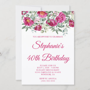 Hot Pink Watercolor Peonies 40th Birthday Invitation