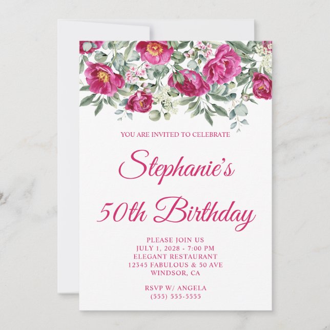 Hot Pink Watercolor Peonies 50th Birthday Invitation (Front)