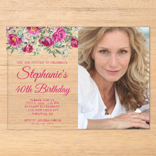 Hot Pink Watercolor Peonies Photo 40th Birthday Acrylic Invitations