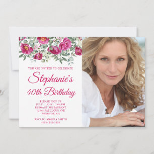 Hot Pink Watercolor Peonies Photo 40th Birthday Invitation