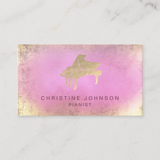 hot pink watercolor splash piano logo business card (Front)