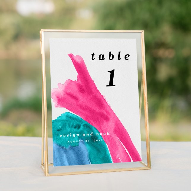 Hot Pink Watercolor Table Number (Bright vibrant watercolor wash in hot pink and turquoise wedding suite modern table number sign.)