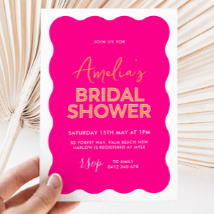 Hot Pink Wave Curve Modern Bright Bridal Shower  Invitation