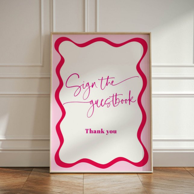 Hot Pink Wavy Border Guestbook Colourful Pedestal Sign (Guestbook sign with hot pink wavy border)
