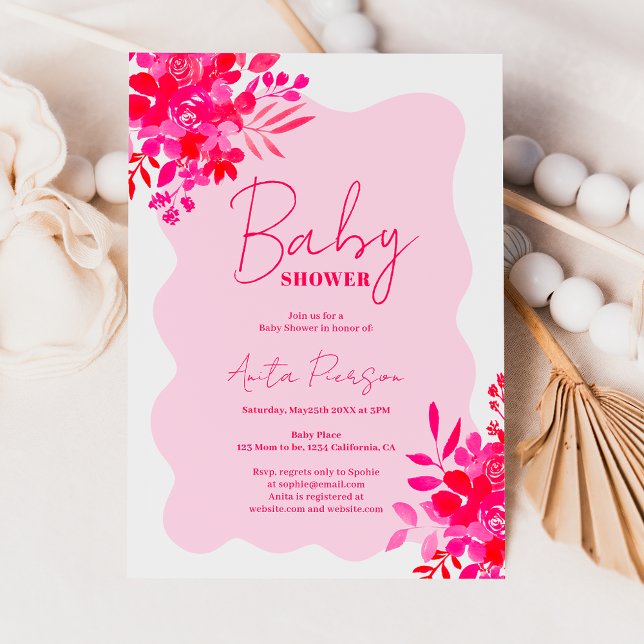 Hot pink wavy frame red pink floral baby shower invitation (Hot pink wavy frame red pink floral baby shower invitation)