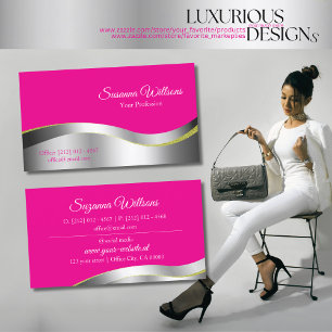 Hot Pink Wavy Silver Decor Classy and Stylish Business Card
