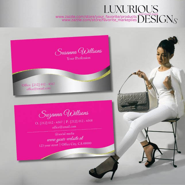 Hot Pink Wavy Silver Decor Classy and Stylish Business Card (Creator Uploaded)