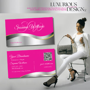 Hot Pink Wavy Silver Decor with Initials QR Code Business Card