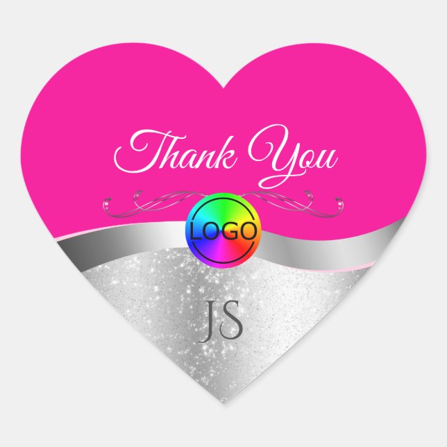Hot Pink Wavy Silver with Logo Monogram Thank You Heart Sticker (Front)