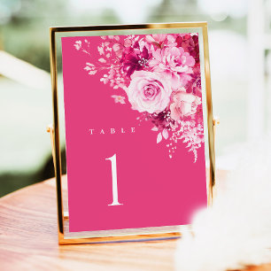 Hot Pink Wedding Table Number Card, Pink Floral
