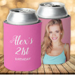 Hot Pink White 21st Birthday Name Photo<br><div class="desc">Cute hot pink 21st birthday party can cooler personalised with the name and age of the guest of honour on the front and her photo on the back</div>