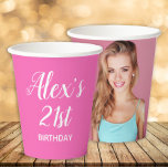 Hot Pink White 21st Birthday Name Photo Paper Cups<br><div class="desc">Cute hot pink 21st birthday party paper cup personalised with the name and age of the guest of honour on the front and her photo on the back</div>