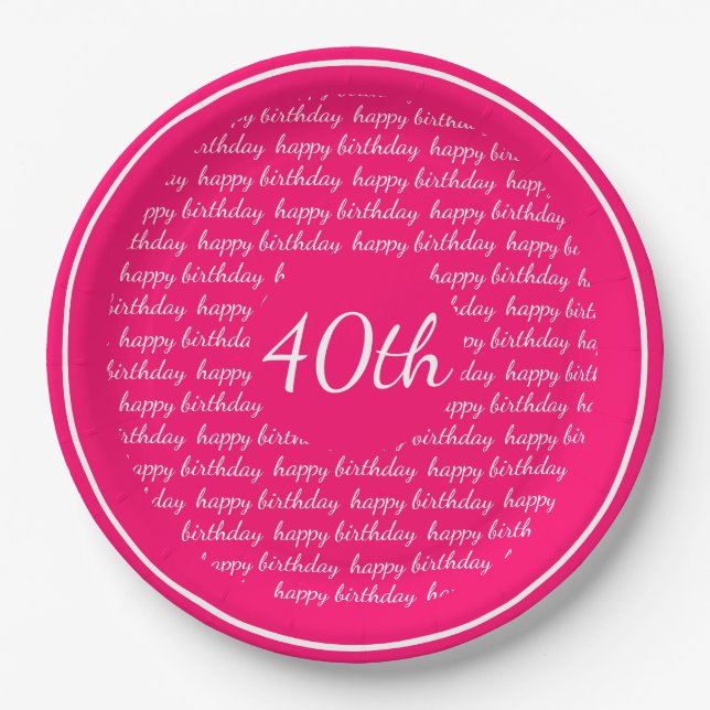 Hot Pink White 40th Happy Birthday Typography Paper Plate (Front)