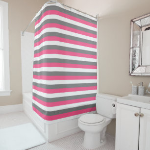 Hot Pink, White and Charcoal Grey Stripes Shower Curtain