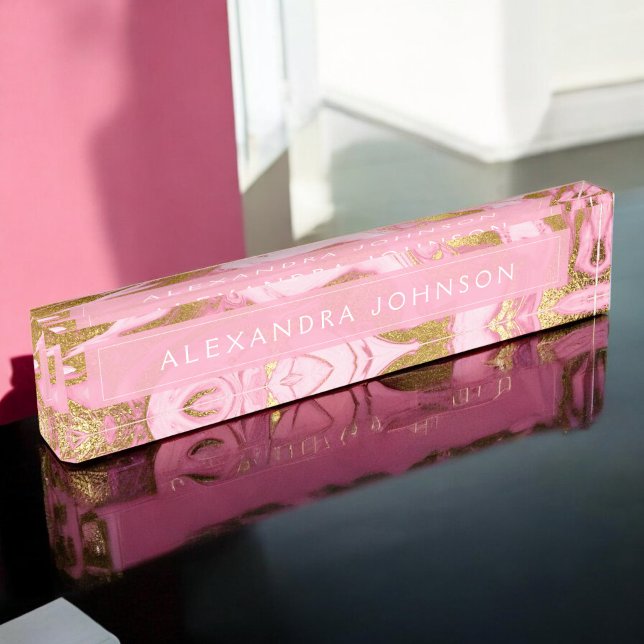 Hot Pink, White and Gold Foil Modern Marble Nameplate (Creator Uploaded)