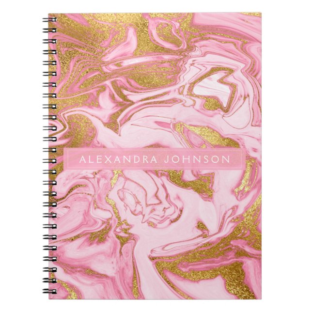 Hot Pink, White and Gold Foil Modern Marble Notebook (Front)