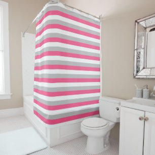 Hot Pink, White and Grey Stripes Shower Curtain