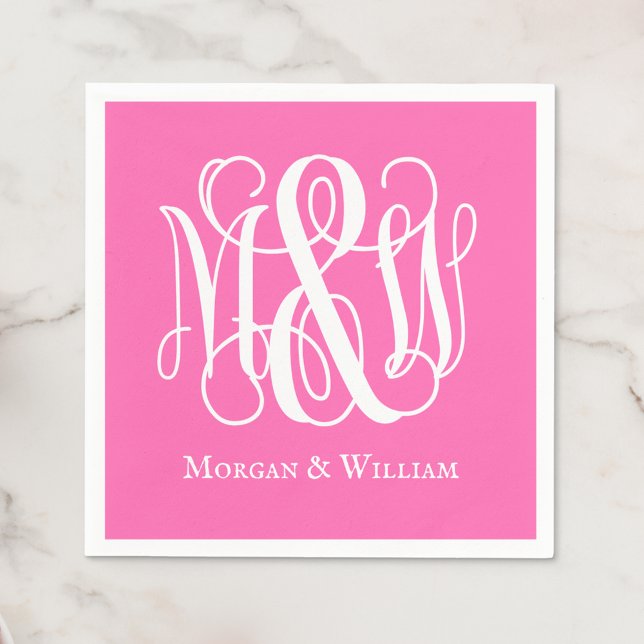 Hot Pink White B&G Vine Script Monogram DIY BG Napkin (Creator Uploaded)