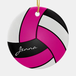 Hot Pink, White & Black Personalise Volleyball  Ceramic Tree Decoration